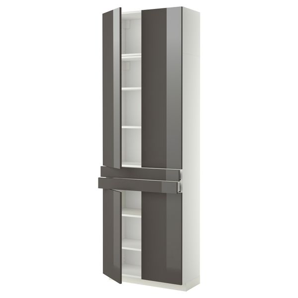 Высокий шкаф + полки, 2 ящика, 4 дверцы МЕТОД / МАКСИМЕРА, белый, Рингульт серый (80x37x240 см) - фото 1