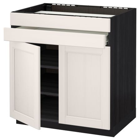 Напольный шкаф для варочной панели, 2 ящика, 2 фасада, 1 ящик МЕТОД / ФОРВАРА, черный, Лаксарби белый (80x60 см)