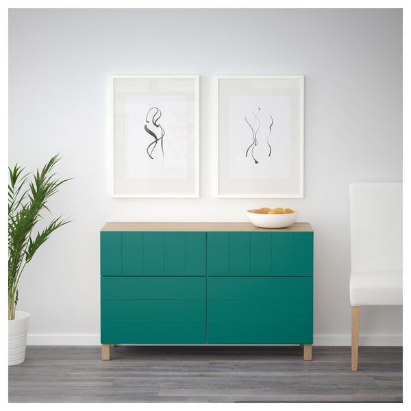 Комбинация для хранения с дверцами, ящиками БЕСТО, под беленый дуб, Халлставик сине-зеленый (120x40x74 см) - фото 2