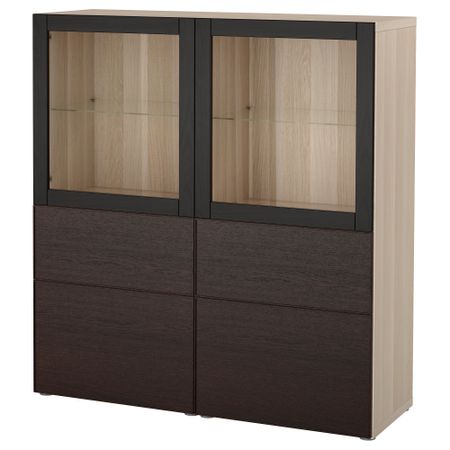 Комбинация для хранения со стеклянными дверцами БЕСТО, под беленый дуб, Инвикен черно-коричневый прозрачное стекло (120x40x128