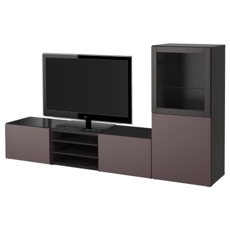 Шкаф для ТВ, комбинированный, стекляные дверцы БЕСТО, черно-коричневый, Вальвикен темно-коричневый, прозрачное стекло