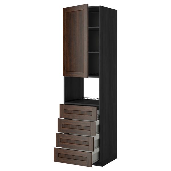 Высокий шкаф для духовки, дверца, 4 ящика МЕТОД / ФОРВАРА, черный, Эдсерум коричневый - фото 1