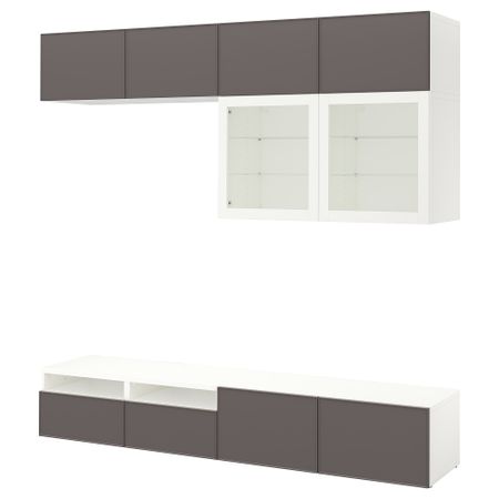 Шкаф для ТВ, комбинированный, стекляные дверцы БЕСТО, белый Грундсвикен, темно-серый прозрачное стекло (240x40x230 см)