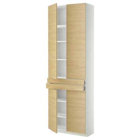 Высокий шкаф + полки, 2 ящика, 4 дверцы МЕТОД / МАКСИМЕРА, белый, Тингсрид береза (80x37x240 см)