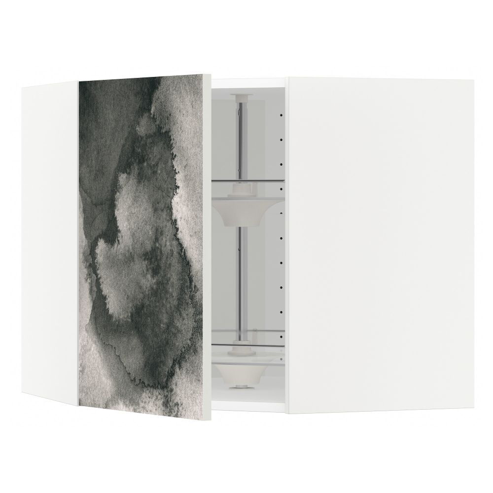 Угловой навесной шкаф с вращающейся секцией МЕТОД, белый, Кальвиа с печатным рисунком - схема-чертеж с размерами