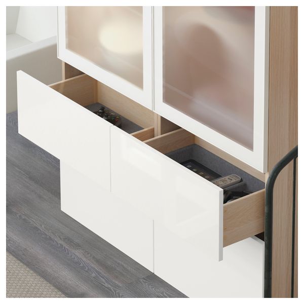 Комбинация для хранения со стеклянными дверцами БЕСТО, под беленый дуб, Сельсвикен глянцевый/белый матовое стекло (120x40x128 - схема-чертеж с размерами