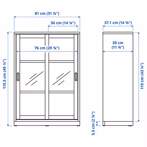 TONSTAD Шкаф+раздвижные стеклянные дверцы - белый с оттенком 81x37x116 см - схема-чертеж с размерами