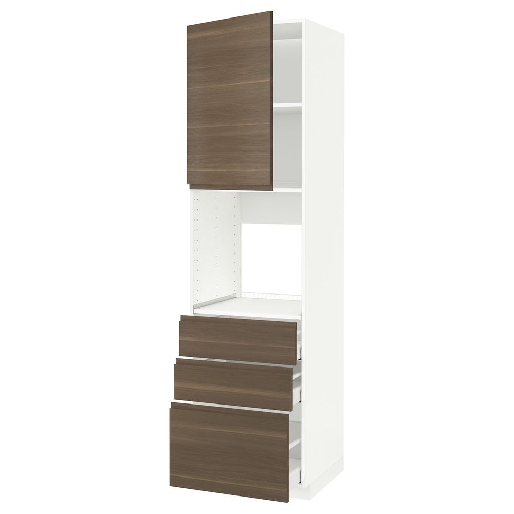 Высокий шкаф для духовки/дверь/3ящика, белый/Воксторп грецкий орех 60x60x220 см IKEA METOD МЕТОД / MAXIMERA МАКСИМЕРА 792.391.50 - фото 1