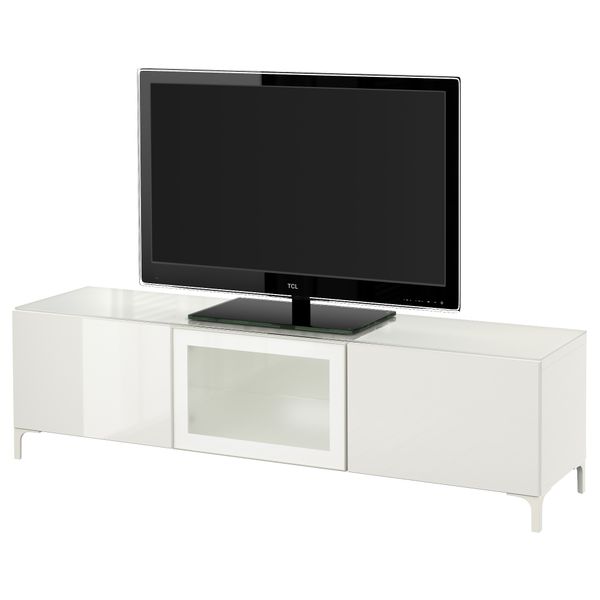 Тумба под ТВ, с дверцами БЕСТО, белый, Сельсвикен глянцевый/белый матовое стекло - фото 1