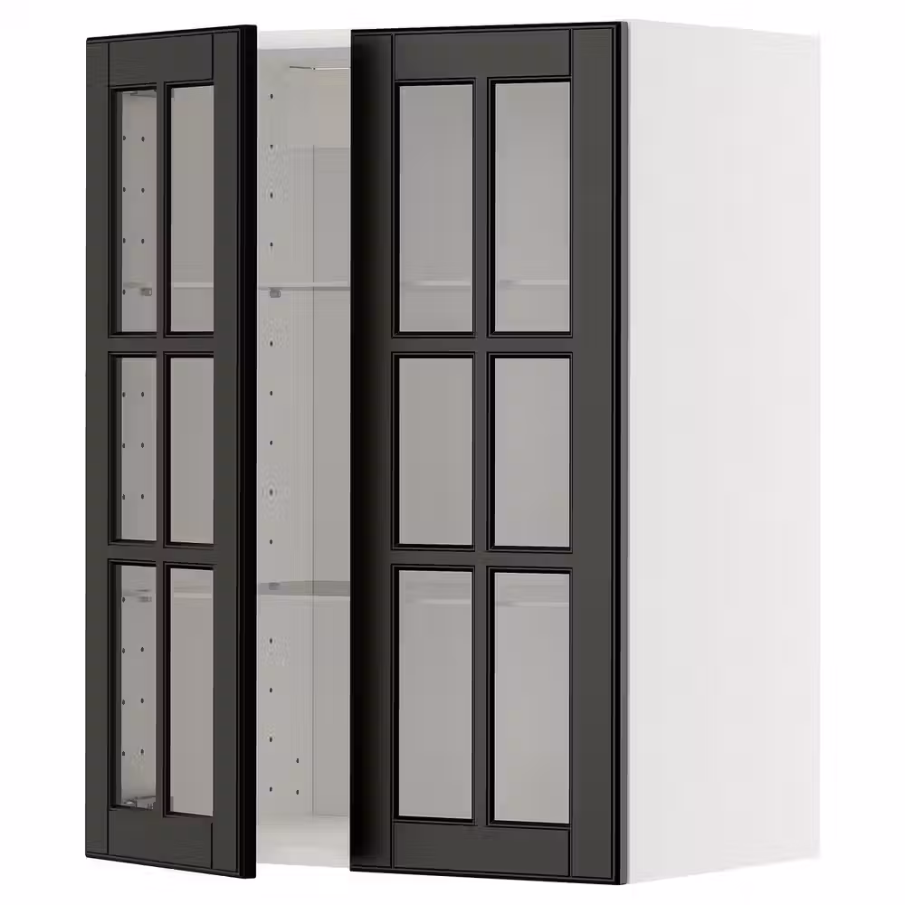 METOD Навесной шкаф/полки/2стеклян двери - белый/Bodbyn чёрный 60x80 см - фото 1