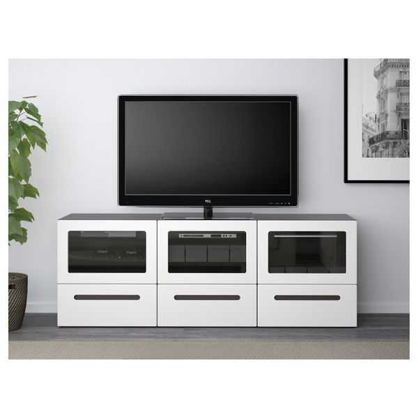 Тумба под ТВ, с дверцами и ящиками БЕСТО, черно-коричневый, Марвикен белый прозрачное стекло (180x40x64 см) - фото 2