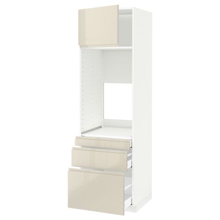 Высокий шкаф для двойной духовки, 3 ящика, дверца МЕТОД / МАКСИМЕРА, белый, Воксторп глянцевый светло-бежевый