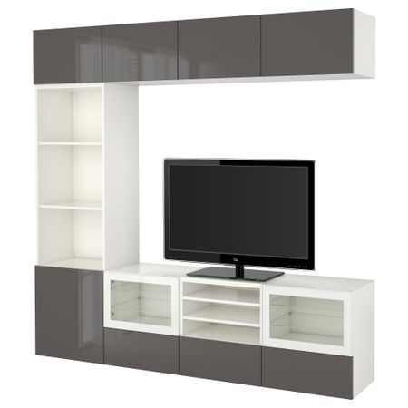 Шкаф для ТВ, комбинированный, стекляные дверцы БЕСТО, белый, Сельсвикен глянцевый/серый прозрачное стекло (240x40x230 см)