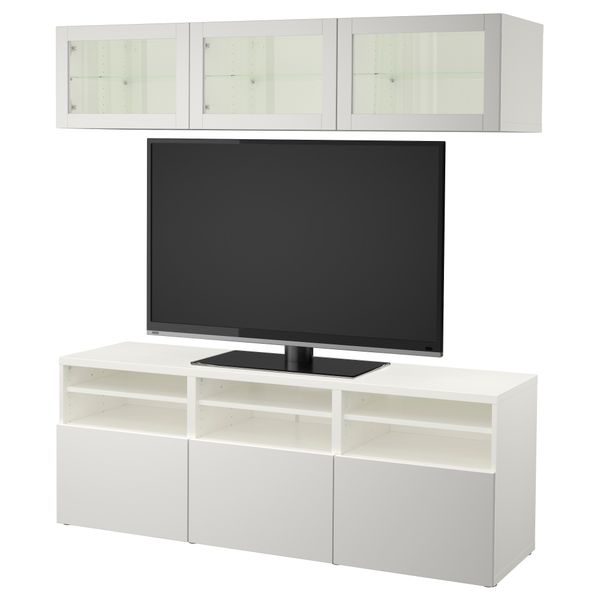 Шкаф для ТВ, комбинированный, стекляные дверцы БЕСТО, белый Синдвик, Лаппвикен светло-серый прозрачное стекло (180x40x192 см) - фото 1