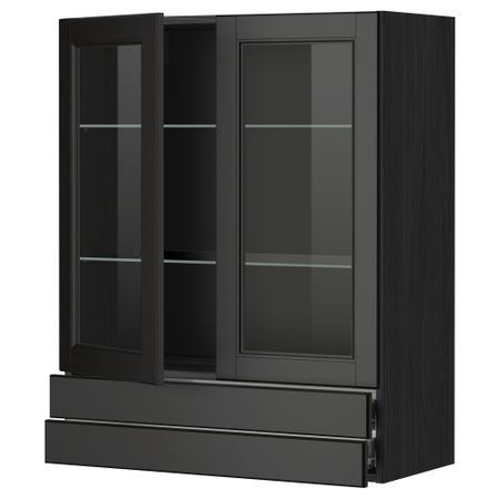 Навесной шкаф, 2 стеклянные дверцы, 2 ящика МЕТОД / ФОРВАРА, черный, Лаксарби черно-коричневый черно-коричневый