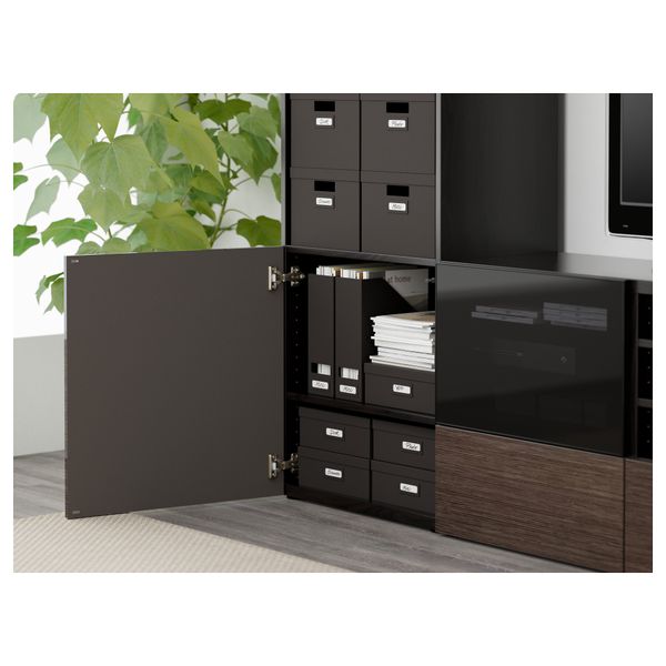 Шкаф для ТВ, комбинированный, стекляные дверцы БЕСТО, черно-коричневый, Сельсвикен глянцевый/коричневый дымчат стекло - фото 3