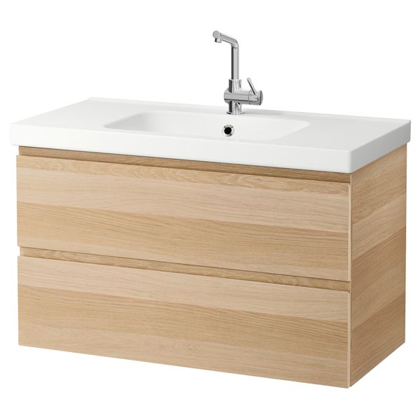 Шкаф для раковины с 2 ящиками ГОДМОРГОН / ОДЕНСВИК, дубовый шпон, беленый под беленый дуб (100x49x64 см) - фото 2