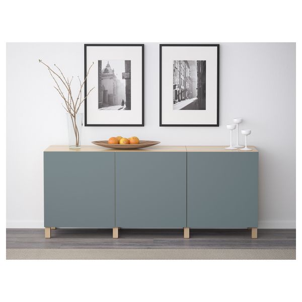 Комбинация для хранения с дверцами БЕСТО, под беленый дуб, Вальвикен серо-бирюзовый (180x40x74 см) - фото 2