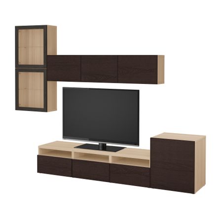 Шкаф для ТВ, комбинированный, стекляные дверцы БЕСТО, под беленый дуб Синдвик, Инвикен черно-коричневый прозрачное стекло