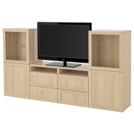 Шкаф для ТВ, комбинированный, стекляные дверцы БЕСТО, Ханвикен, Синдвик под беленый дуб, прозрачное стелко (240x40x128 см)