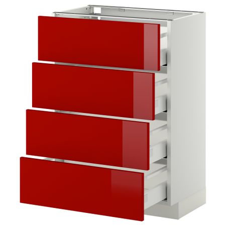 Напольный шкаф 4 фронтальных панели, 4 ящика МЕТОД / МАКСИМЕРА, белый, Рингульт красный