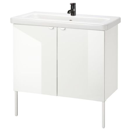 Шкаф под раковину с 2 дверец, глянцевый белый/Сальен смеситель 84x43x88 см IKEA FISKÅN ФИСКОН / TVÄLLEN ТВЭЛЛЕН 794.304.41