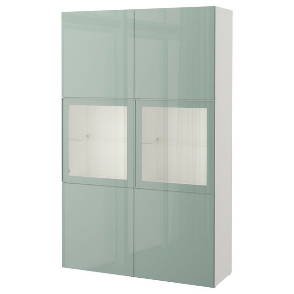 Комбинация для хранения со стеклянными дверцами БЕСТО, белый Сельсвикен, глянцевый/серо-зеленый светлый прозрачное стекло - фото 1