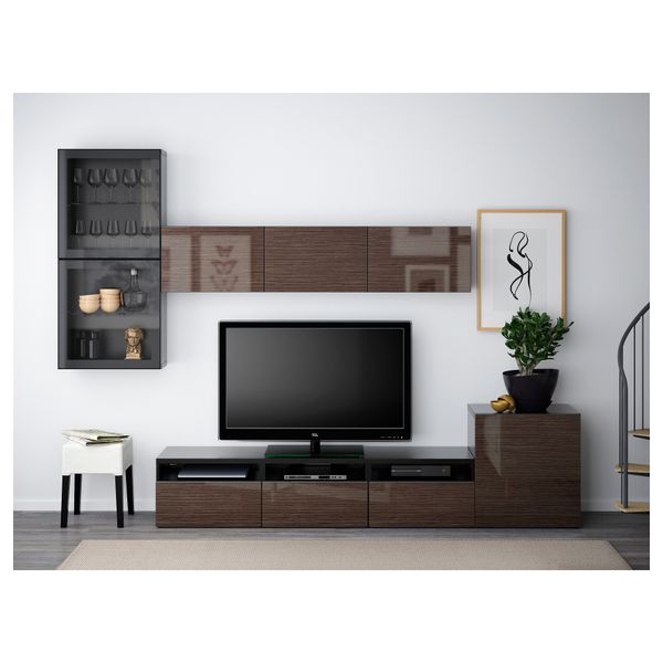 Шкаф для ТВ, комбинированный, стекляные дверцы БЕСТО, черно-коричневый, Сельсвикен глянцевый/коричневый прозрач стекло - фото 2