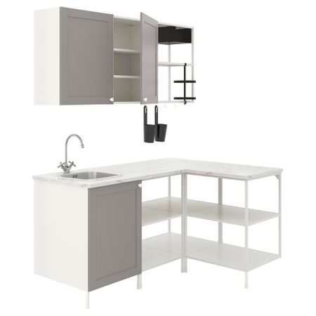Угловая кухня, белый, серый каркас IKEA BEGIVENHET БЕГИВЕНХЕТ 093.381.39