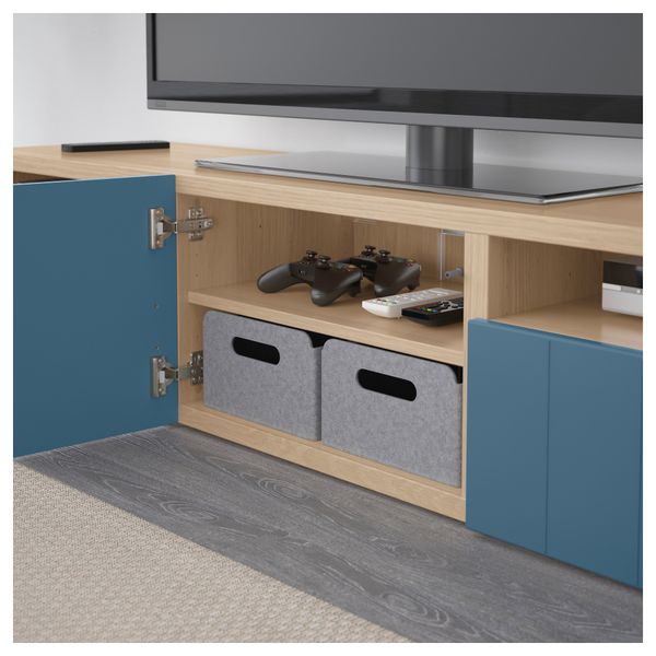 Тумба под ТВ с ящиками и дверцей БЕСТО, под беленый дуб, Халлставик темно-синий (180x40x38 см) - фото 3