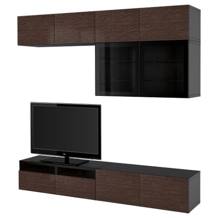 Шкаф для ТВ, комбинированный, стекляные дверцы БЕСТО, черно-коричневый, Сельсвикен глянцевый/коричневый прозрач стекло