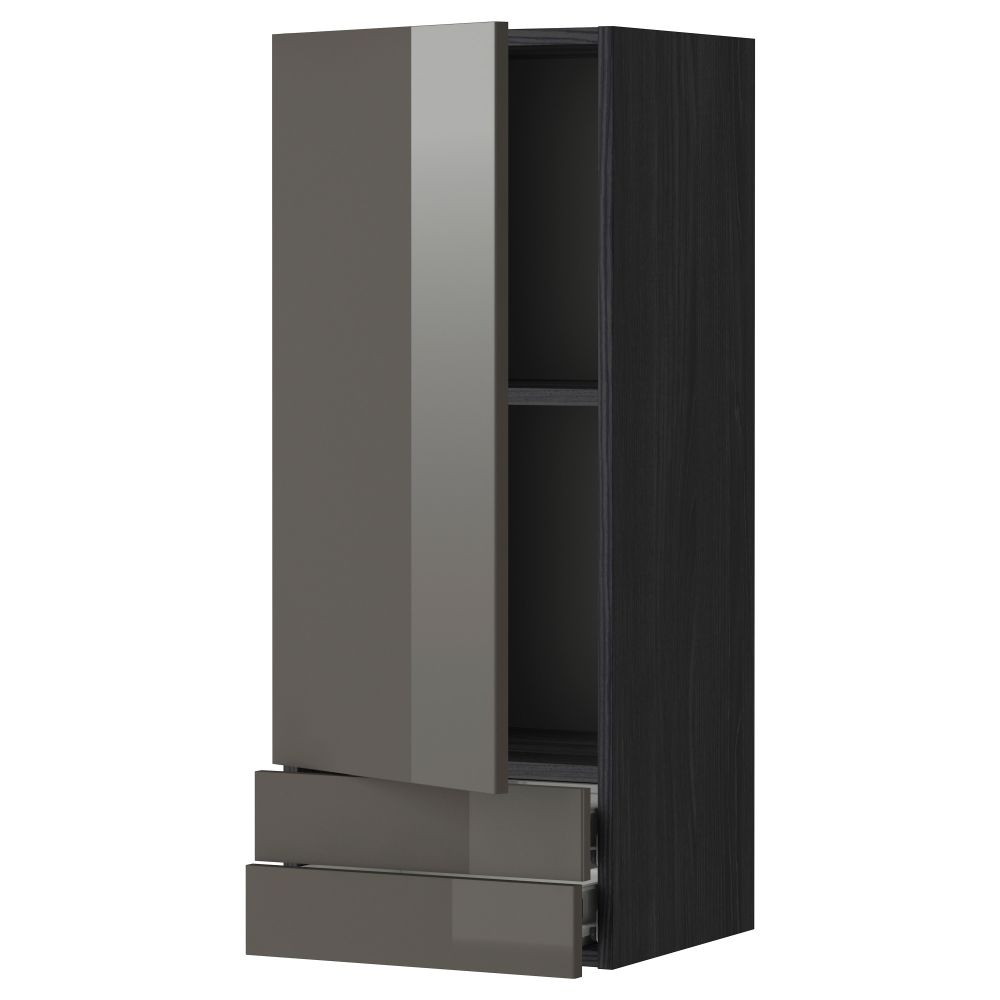 Навесной шкаф с дверцей, 2 ящика МЕТОД / ФОРВАРА, черный, Рингульт серый - фото 1