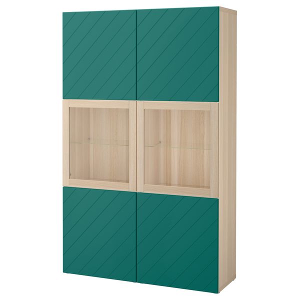 Комбинация для хранения со стеклянными дверцами БЕСТО, под беленый дуб Халлставик, сине-зеленый прозрачное стекло (120x40x192 - фото 1