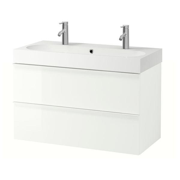 Шкаф для раковины с 2 ящиками ГОДМОРГОН / БРОВИКЕН, глянцевый белый (100x49x68 см) - фото 2