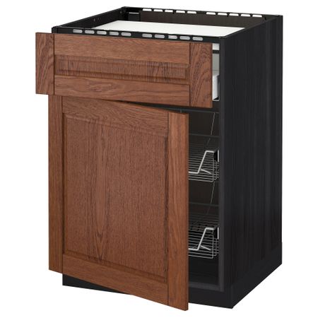 Напольный шкаф для варочной панели, ящик, 2 проволочных корзины МЕТОД / МАКСИМЕРА, черный, Филипстад коричневый (60x60 см)