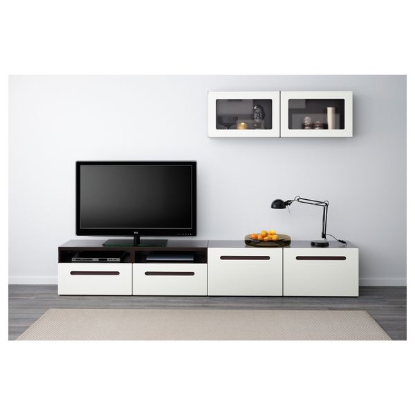 Шкаф для ТВ, комбинированный, стекляные дверцы БЕСТО, черно-коричневый, Марвикен белый прозрачное стекло (240x20/40x166 см) - фото 2