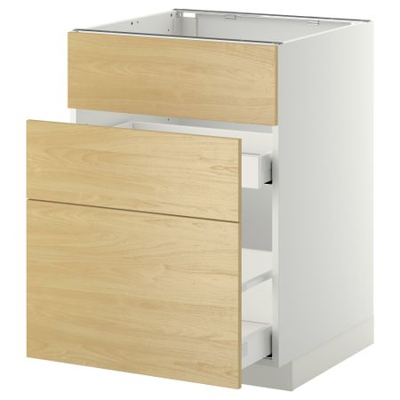 Напольный шкаф под мойку + 3 фронтальных панели, 2 ящика МЕТОД / МАКСИМЕРА, белый, Тингсрид береза