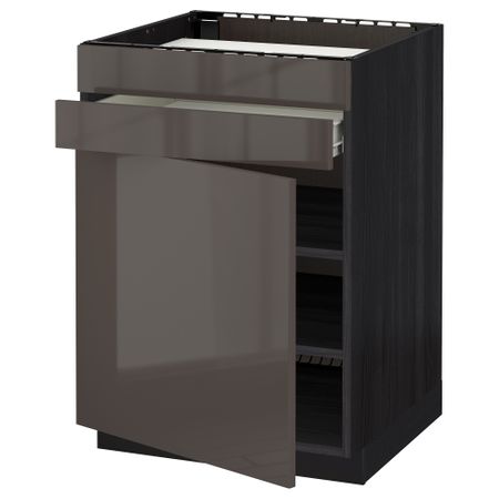 Напольный шкаф для варочной панели, доводчик, 2 фасада, 1 ящик МЕТОД / ФОРВАРА, черный, Рингульт серый (60x60 см)
