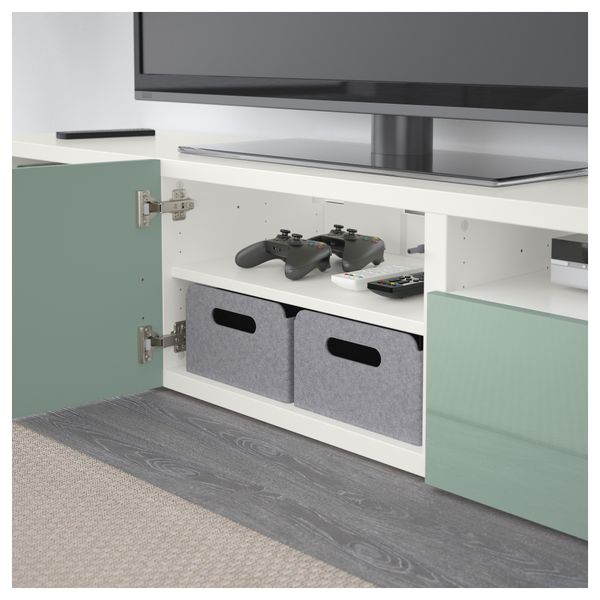 Тумба под ТВ БЕСТО, белый, Сельсвикен глянцевый/серо-зеленый светлый (180x40x38 см) - фото 3
