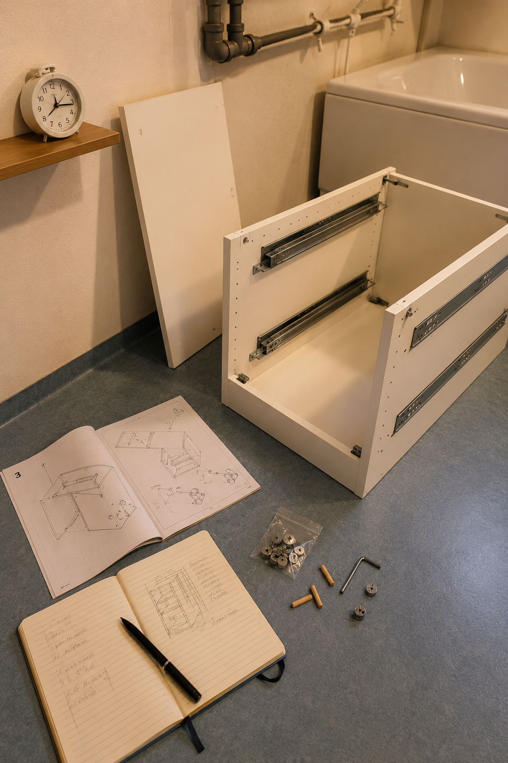 Сборка шкафа GODMORGON на полу ванной: белые панели, шестигранник, инструкция IKEA, крепёж
