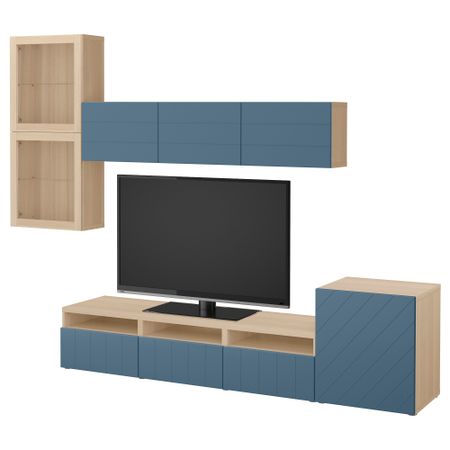 Шкаф для ТВ, комбинированный, стекляные дверцы БЕСТО, под беленый дуб Халлставик, темно-синий прозрачное стекло (300x20/40x211