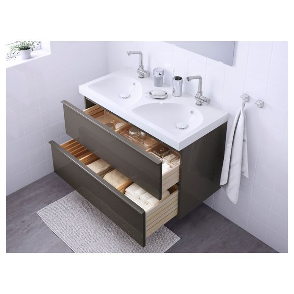 Шкаф для раковины с 2 ящиками ГОДМОРГОН / ЭДЕБОВИКЕН, глянцевый серый (100x49x64 см) - фото 3