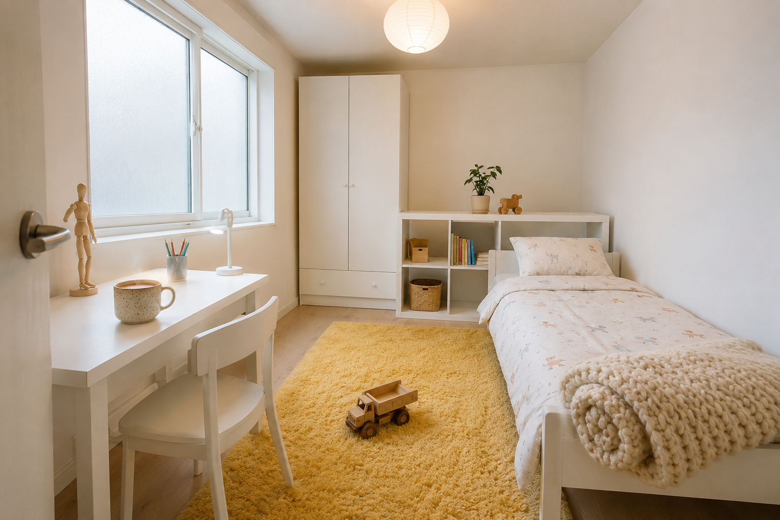 Детская комната 9 кв.м: кровать, стол и шкаф IKEA в светлой обстановке