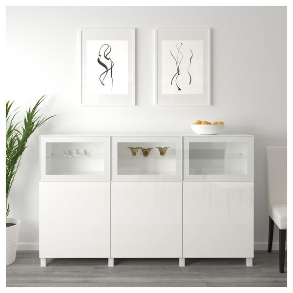 Комбинация для хранения с дверцами БЕСТО, белый Сельсвикен, Глассвик глянцевый/белый прозрачное стекло (180x40x112 см) - схема-чертеж с размерами