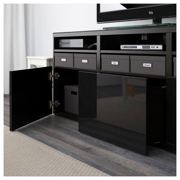 Шкаф для ТВ, комбинированный, стекляные дверцы БЕСТО, черно-коричневый, Сельсвикен глянцевый/черный дымчатое стекло (180x40x192 - фото 3