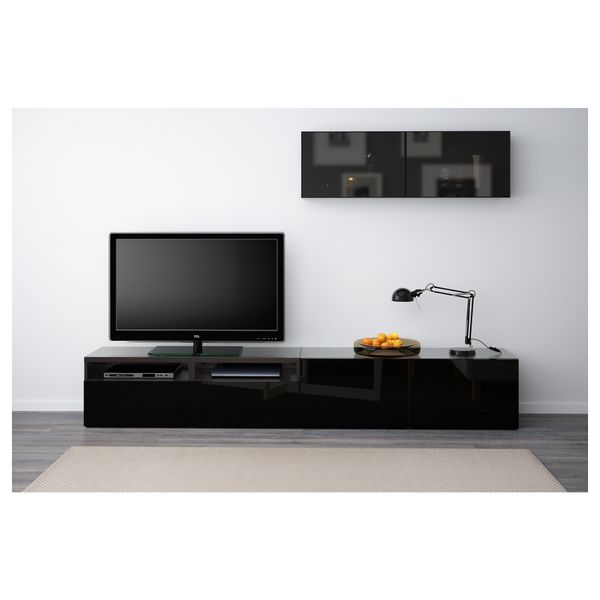 Шкаф для ТВ, комбинированный, стекляные дверцы БЕСТО, черно-коричневый, Сельсвикен глянцевый/черный дымчатое стекло - фото 2