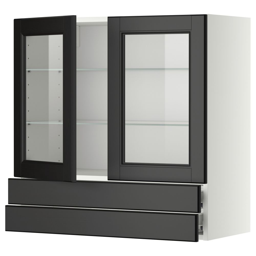 Навесной шкаф, 2 стеклянные дверцы, 2 ящика МЕТОД / ФОРВАРА, белый, Лаксарби черно-коричневый - фото 1