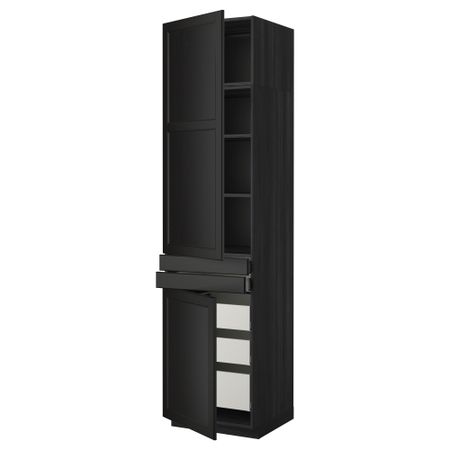 Высокий шкаф + полки, 5 ящиков, 2 дверцы, 2 фронтальных МЕТОД / МАКСИМЕРА, черный, Лаксарби черно-коричневый