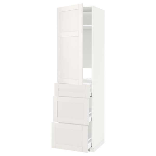 Высокий шкаф для холодильника, с дверцами, 3 ящика МЕТОД / МАКСИМЕРА, белый, Сэведаль белый (60x60x220 см) - схема-чертеж с размерами