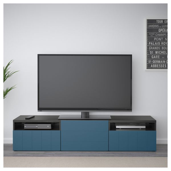 Тумба под ТВ БЕСТО, черно-коричневый, Халлставик темно-синий (180x40x38 см) - фото 2